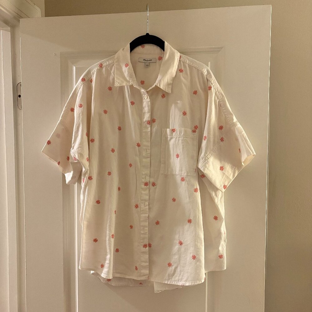 Madewell Embroidered Flower Short Sleeve Button Top Size Large